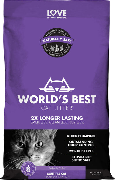 WORLD'S BEST CAT LITTER Multiple Cat Lavender Scented 15-Pounds - Natural Ingredients, Quick Clumping, Flushable, 99% Dust Free & Made in USA - Calming Fragrance & Long-Lasting Odor Control