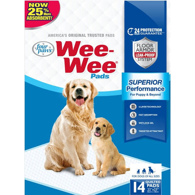 Four Paws Wee-Wee Superior Performance Pee Pads for Dogs of All Sizes, Leak-Proof Floor Protection Dog & Puppy Quilted Potty Training Pads, Unscented, 22" x 23" (14 Count)