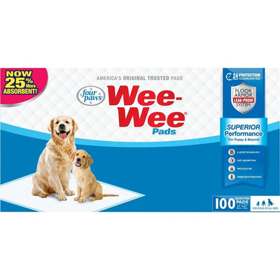 Four Paws Wee-Wee Superior Performance Pee Pads for Dogs of All Sizes, Leak-Proof Floor Protection Dog & Puppy Quilted Potty Training Pads, Unscented, 22" x 23" (100 Count)