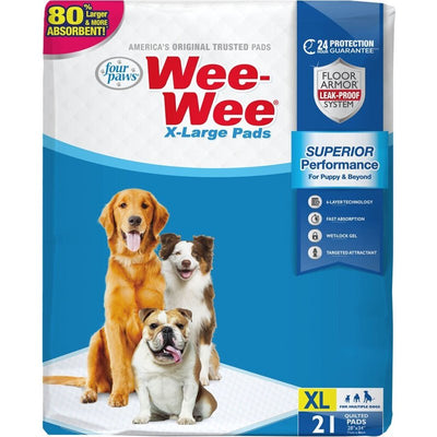 Four Paws Wee-Wee Superior Performance XL Pee Pads for Extra Large Dogs, Leak-Proof Floor Protection Dog & Puppy Quilted Potty Training Pads, Unscented, 28" x 34" (21 Count)