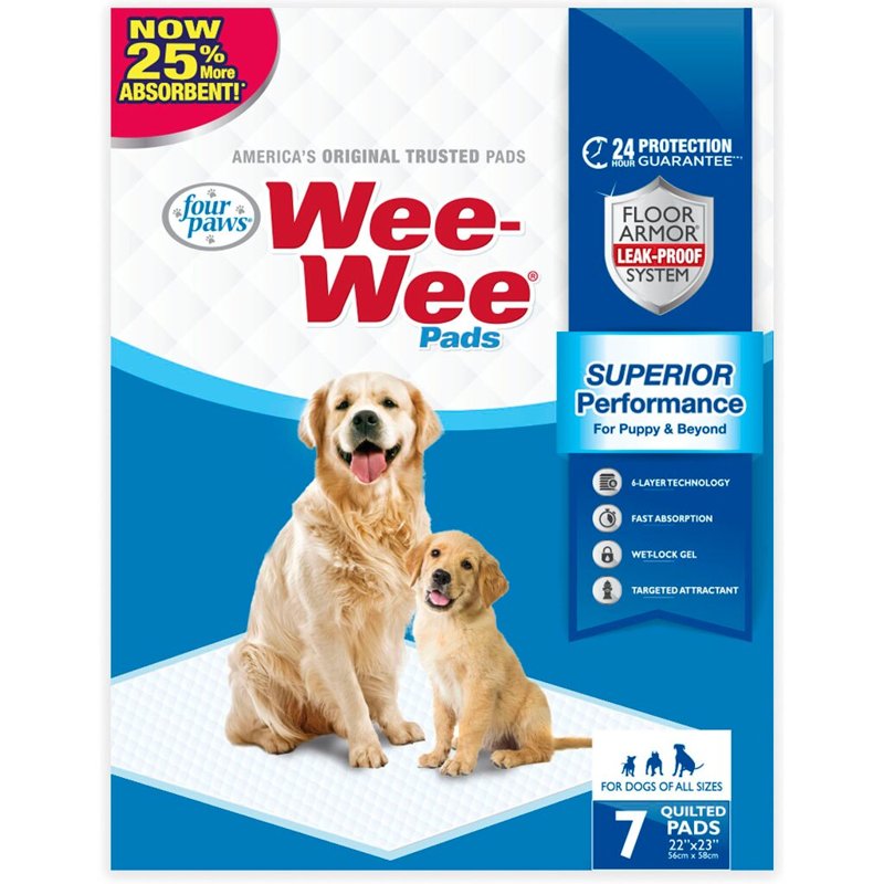 Four Paws Wee-Wee Superior Performance Pee Pads for Dogs of All Sizes, Leak-Proof Floor Protection Dog & Puppy Quilted Potty Training Pads, Unscented, 22" x 23" (7 Count)