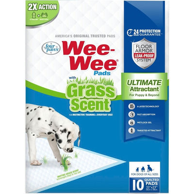 Four Paws Wee-Wee Ultimate Attractant Dog Pee Pads for Instinctive Training, Leak-Proof Floor Protection Dog & Puppy Quilted Potty Training Pads, Grass Scent, 22" x 23" (10 Count)