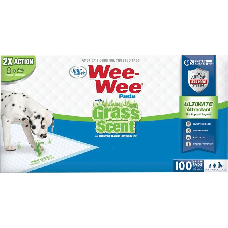 Four Paws Wee-Wee Ultimate Attractant Dog Pee Pads for Instinctive Training, Leak-Proof Floor Protection Dog & Puppy Quilted Potty Training Pads, Grass Scent, 22" x 23" (100 Count)