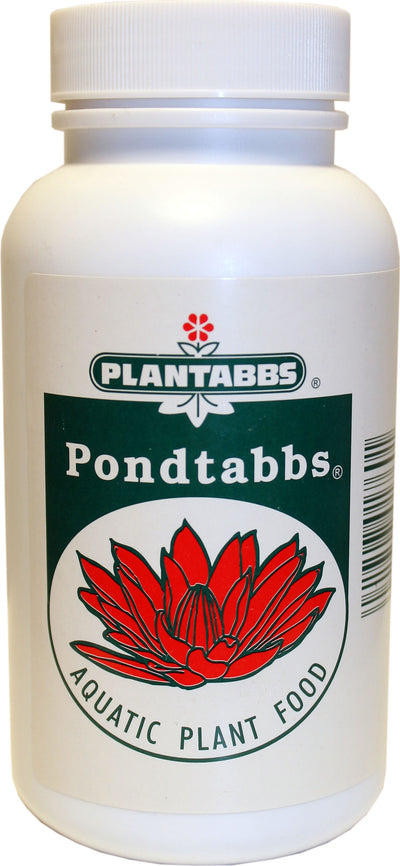 Front view of a white bottle with a green label showing 'Plantabbs Pondtabbs Aquatic Plant Food' and a red water lily illustration.