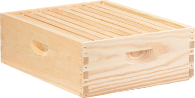 Natural pine wood beehive super with 10 frames, side view close-up