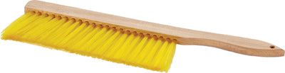 Little Giant beekeeping brush with yellow bristles and wooden handle, front view close-up