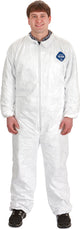 A person wearing a white DuPont Tyvek coverall with a blue logo on the chest, front view.