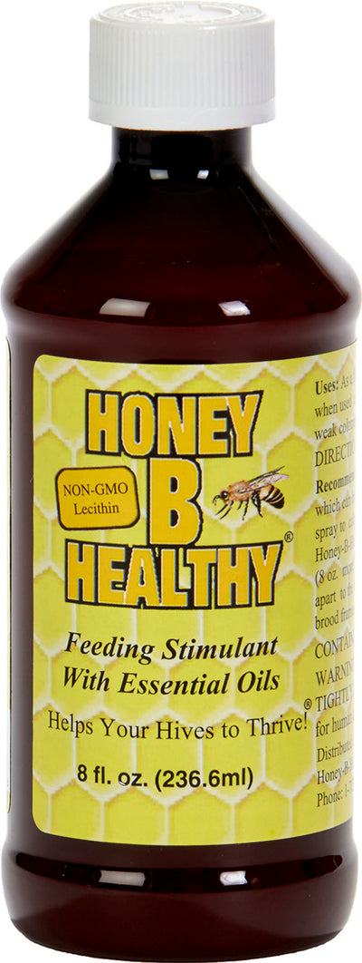 Front view of a brown bottle with a yellow label reading 'Honey B Healthy Feeding Stimulant With Essential Oils' and '8 fl. oz.'