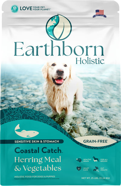 Earthborn Holistic Coastal Catch Herring Meal & Vegetables Grain-Free, Sensitive Skin and Stomach Dry Food for Dogs and Puppies (25 lb. Bag)