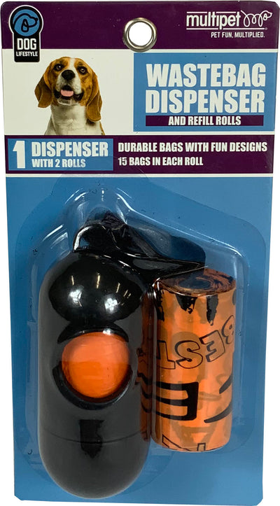 Packaged Multipet waste bag dispenser with two orange rolls in a blue and purple package.