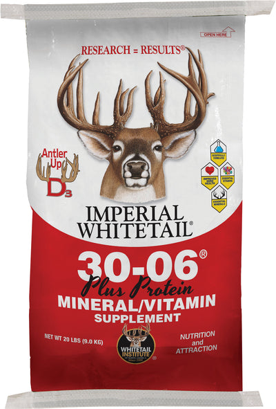 Front view of a red and white packaged product labeled Imperial Whitetail 30-06 Plus Protein Mineral/Vitamin Supplement, 20 LB.