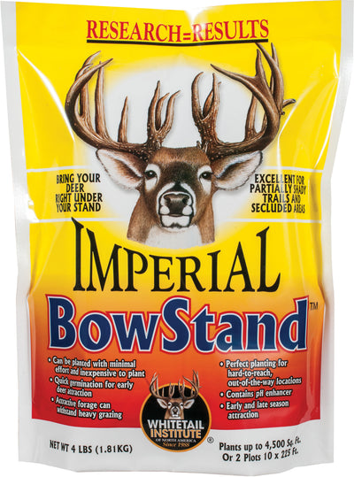Front view of a yellow and red packaged product labeled Imperial BowStand with a deer illustration.