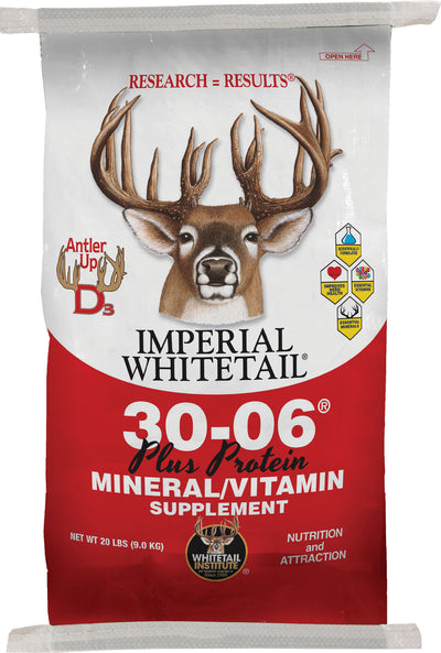 Front view of a red and white packaged Imperial Whitetail 30-06 Plus Protein mineral/vitamin supplement bag.