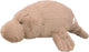 A brown plush manatee toy with a single visible eye, shown in a side view.