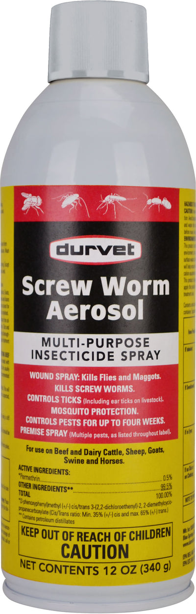 Front view of a Durvet Screw Worm Aerosol can, 12 oz, white with yellow and red label.