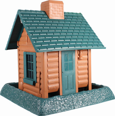 Village Collection Log Cabin Bird Feeder in green and brown, front view on a base.