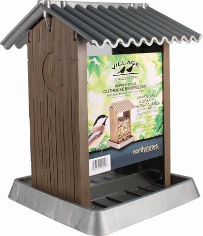 Packaged Village Collection Outhouse Bird Feeder, brown with gray roof and base, front view.