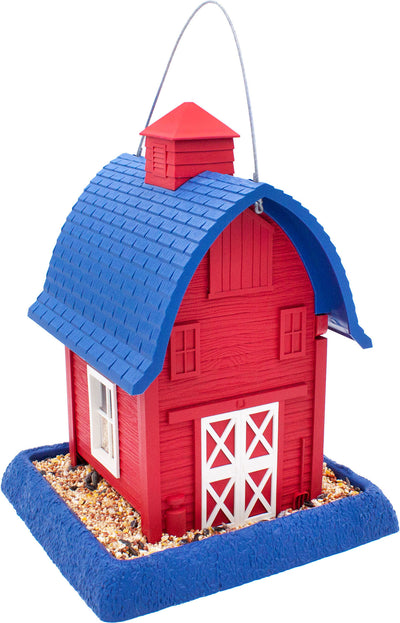 Village Collection Americana Barn Bird Feeder, red and blue, front view with seed tray.