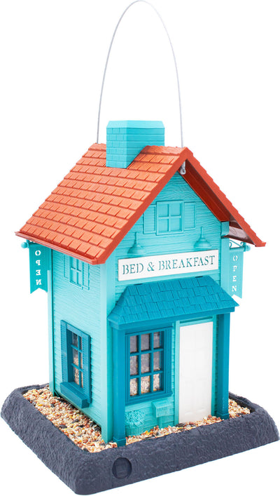 Village Collection Bed & Breakfast Bird Feeder, blue and brown, front view, packaged product