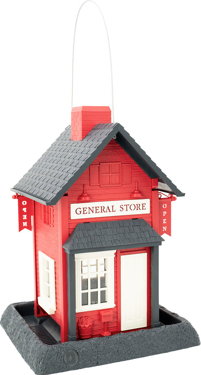 Village Collection General Store Bird Feeder, red and grey with white accents, front view, packaged product