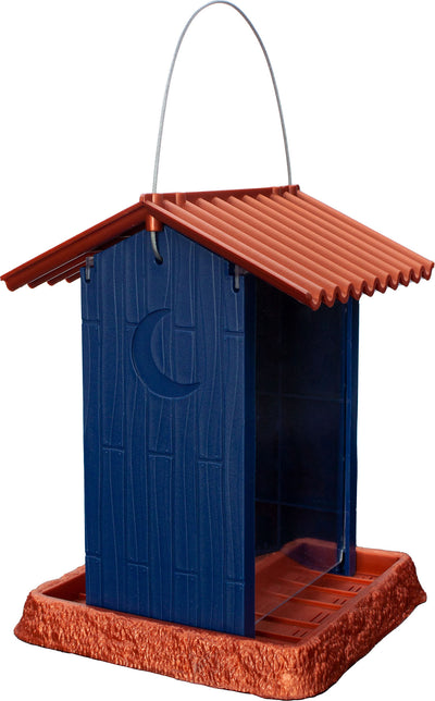 Village Collection Outhouse Bird Feeder, navy blue with terracotta roof and base, front view.