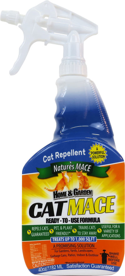 Front view of a blue and orange spray bottle labeled 'Cat Repellent Nature's Mace Home & Garden Cat Mace Ready-to-Use Formula 40oz/1182 mL'