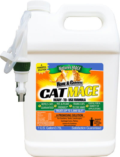 A white 1-gallon container of Nature's Mace Cat Mace repellent with a green and white nozzle attached, front view.