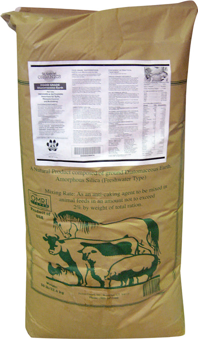 Front view of a brown paper bag labeled St. Gabriel Organics Food Grade Diatomaceous Earth, 50 lb, with animal illustrations.