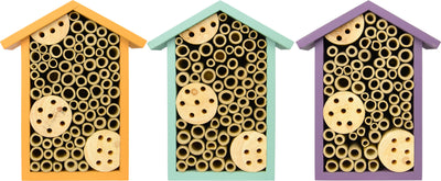 Three assorted Better Gardens Bee Houses with orange, light blue, and purple roofs, each filled with wooden tubes and discs.