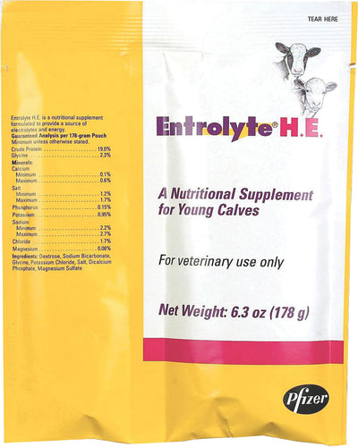 Packaged product: yellow and white Entrolyte H.E. packet for young calves, 178 g net weight, Pfizer brand.