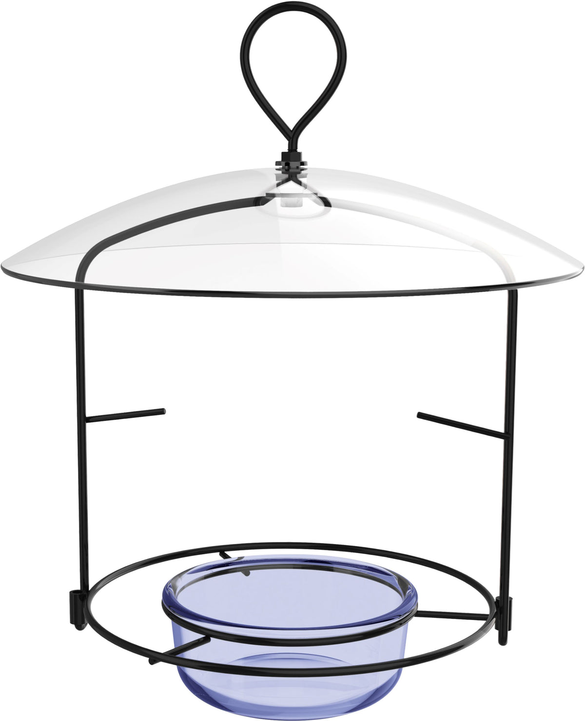 Bluebird Buffet blue glass bowl with clear dome lid and black metal frame, front view