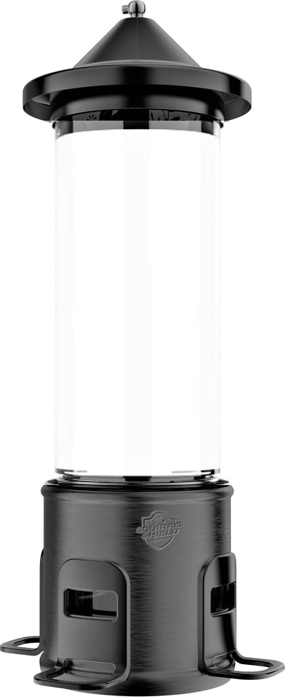Black Squirrel Shield Choice Metal Tube Feeder with clear tube and base, front view