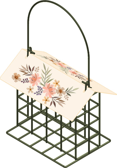 Green metal suet cage bird feeder with floral roof, front view, packaged product
