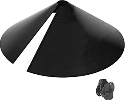 Black metal squirrel shield baffle, 18-inch wrap-around cone with mounting bracket, close-up detail