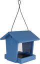 Blue Ecocycle Bird Banquet Hopper Bird Feeder with black hanging cord, front view.