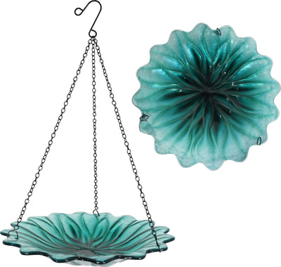 Ecocycle turquoise dahlia-shaped hanging bird bath with black metal chains and hook, front view.