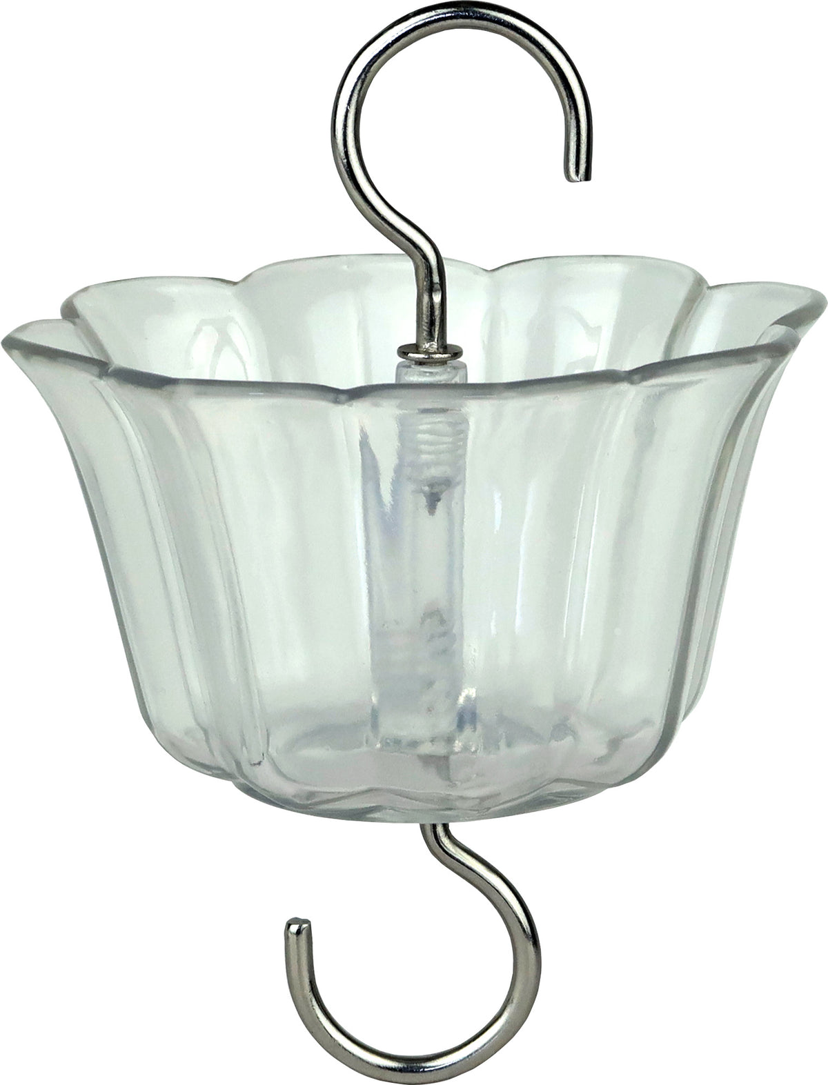 Clear plastic hummingbird feeder ant moat tray with metal hooks, front view, close-up