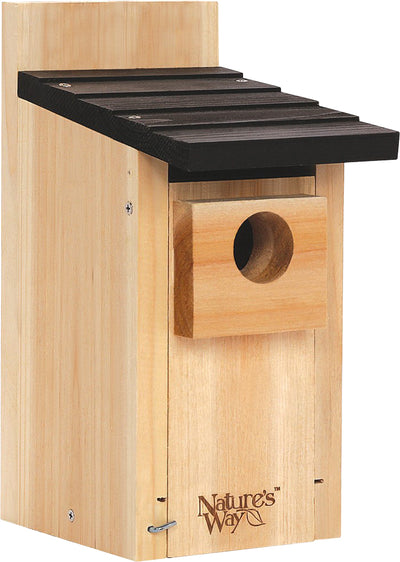 Front view of a wooden Nature's Way Cedar Bluebird Box House with a dark brown roof and light wood body.