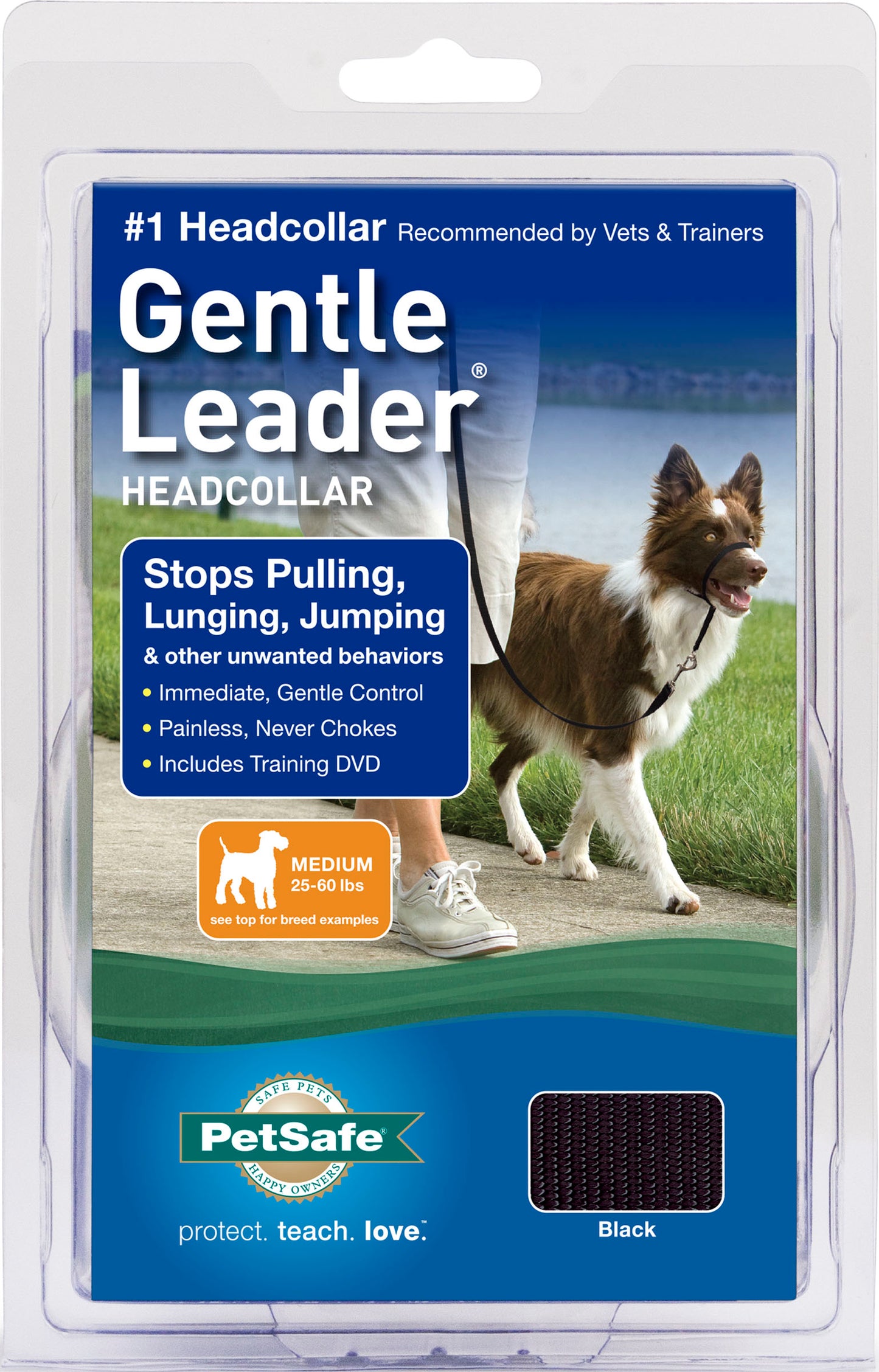 PetSafe Gentle Leader No-Pull Head Collar for Dogs, Dog Head Collar - The Ultimate Solution to Pulling, Padded Nose Loop, Quick-Snap Neck Strap, Dog Head Halter, Medium - Black