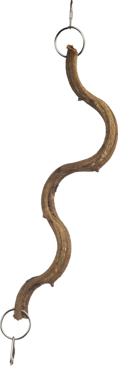 Wacky Wood Perch 14 IN, a curved natural wood branch with metal rings at both ends for hanging.