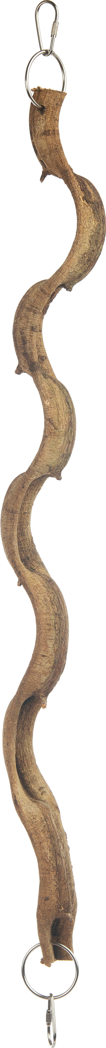 Wacky Wood Perch 24 IN, a twisted natural wood branch with metal rings and hooks at both ends, close-up view.