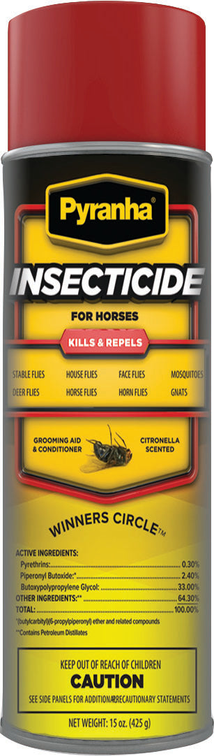 Front view of Pyranha Insecticide Aerosol Fly Spray, 15 oz, red cap, yellow label, citronella scented.