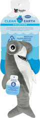 Packaged Spunkypup Clean Earth plush shark toy in gray and white, front view.
