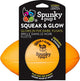 Packaged Spunkypup Squeak & Glow Football toy in orange, front view.
