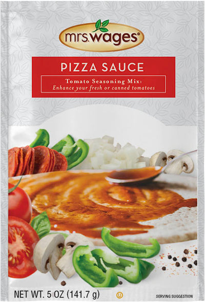 Front view of Mrs. Wages Pizza Sauce Tomato Seasoning Mix package showing ingredients and net weight.