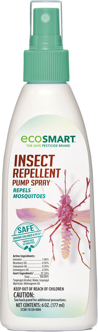 Ecosmart insect repellent pump spray bottle with green cap and label showing mosquito image, front view.