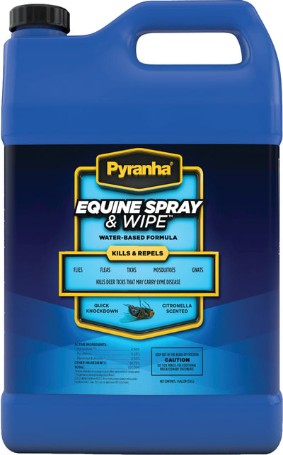 Front view of a blue Pyranha Equine Spray & Wipe packaged product, 1 gallon size.