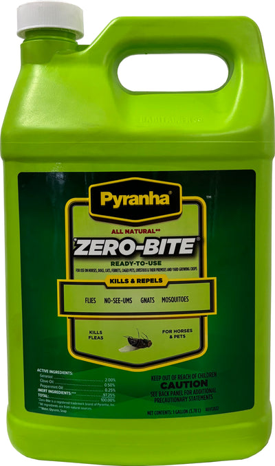 Green plastic bottle with a white cap, labeled Pyranha Zero-Bite insect spray, front view.