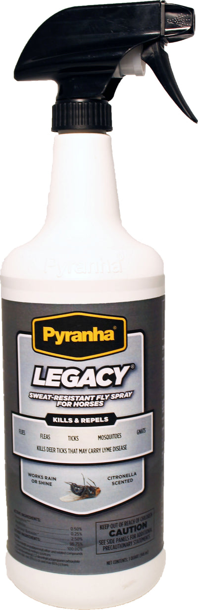 Front view of a Pyranha Legacy sweat-resistant fly spray bottle for horses, 32 oz, white with black spray top.