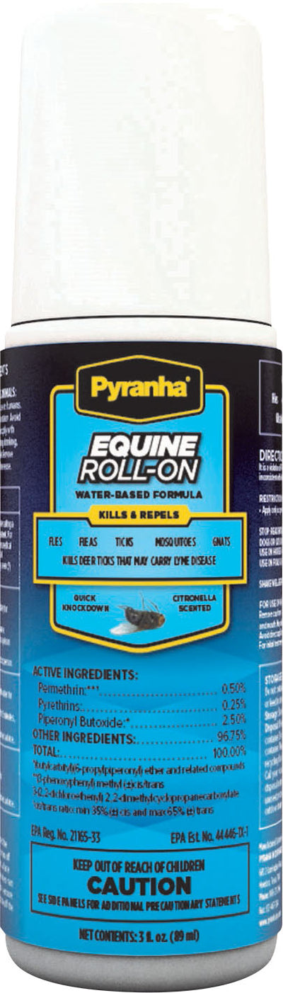 Front view of Pyranha Equine Roll-On water-based formula bottle, 3 fl oz, blue and black label